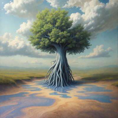 The primary subject of the image is a large tree with a blue trunk, standing in a field with a body of water nearby. The tree appears to be growing out of the water, creating a unique and captivating scene. The setting is a grassy field with a cloudy sky in the background, adding to the overall atmosphere of the image. The visual style of the image is a painting, which showcases the artist's skill in capturing the beauty of the tree and its surroundings. The colors and mood of